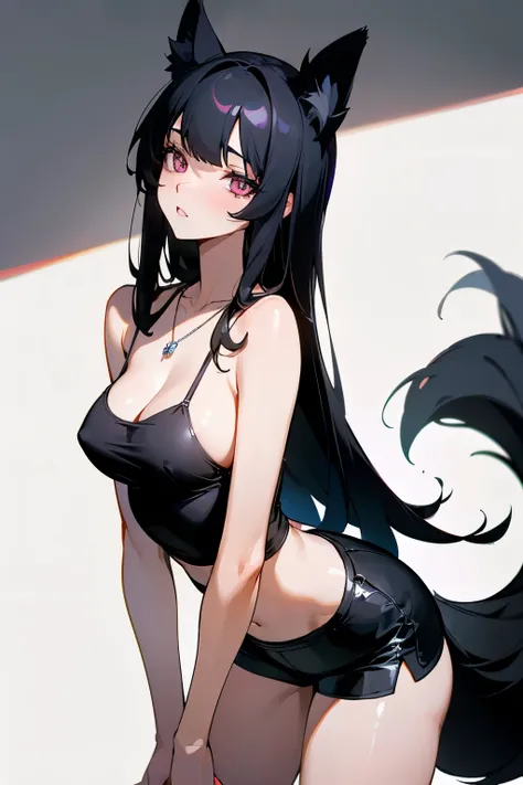 1 girl，long black hair，Qi bangs，light pink eyes，Perfect body slim curves，big lips，Parted lips，Soft beauty，shy，sexy，Wearing a pure black camisole，Wearing black shorts，Black dog ears，Black dog tail，black necklace，Outer city background，absurd，high resolution，...