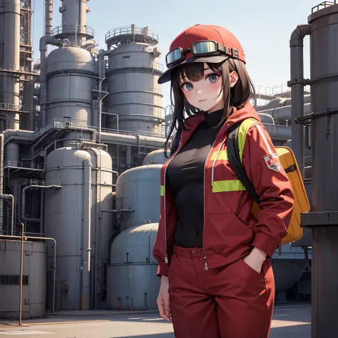 One girl, just one girl, 1 girl, wearing a jumpsuit, wear a safety hat, at the oil refinery, wearing a goggles