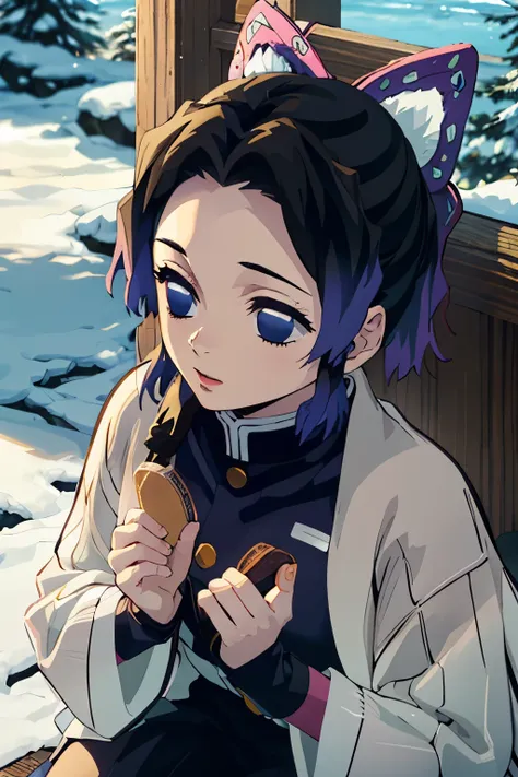 make shinobu kochou a female character from demon slayer anime,,in a cold winter environment,highlight the beauty of nature,high...