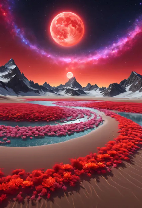 This is a surreal and beautiful CG rendering. night, Fiery red sky filled with sand glacier river, fluorescent crystal mandala, light path, moon, Star, Art, high resolution, starry sky, many colorful small mandala, Milky Way, mandala, Tundra and point ligh...