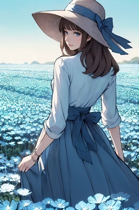 1lady standing, (looking back) (from behind), (stylish outfit) high-waist long skirt, hat, mature female, /(dark brown hair/) bangs, (light smile:0.6), (masterpiece best quality:1.2) delicate illustration ultra-detailed, medium breasts BREAK (field of Nemo...