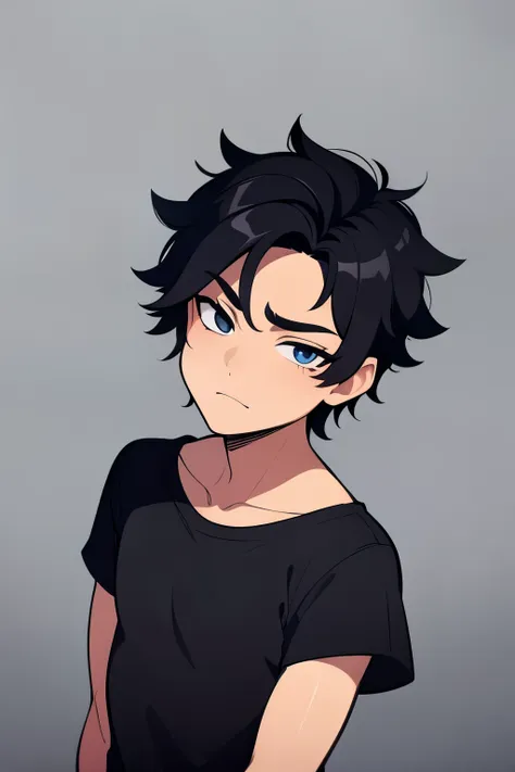 boy, male, black hair, straight face, black t-shirt, line eyes, blue pants, black eyes, close-up on the face