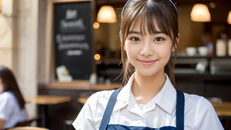 ((最high quality, 8k, masterpiece: 1.3)), perfect face,A full-body portrait of a beautiful model-like woman in a uniform apron handing out coffee at a stylish New York cafe.,Other staff are busy working around us.、You can feel the stylish luxury that is typ...