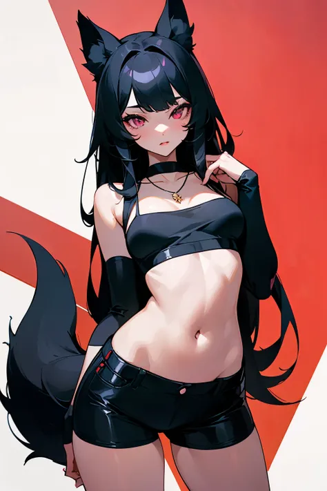 1 girl，long black hair，Qi bangs，light pink eyes，Perfect body slim curves，big lips，Parted lips，Soft beauty，shy，sexy，Wearing a pure black camisole，Wearing black shorts，Black dog ears，Black dog tail，black necklace，Outer city background，absurd，high resolution，...