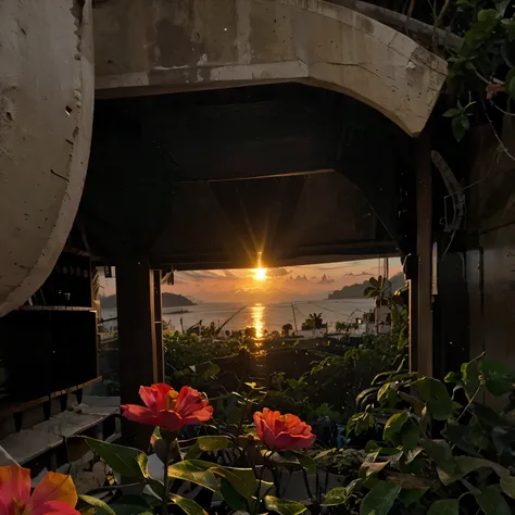 close-up, uma flor rosa, representando positividade, num jardim lindo, sunset