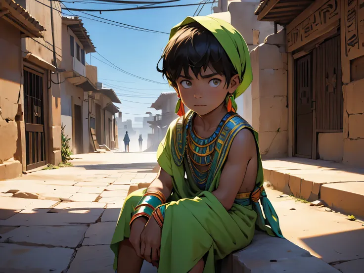 there is a 9 year old boy strangely dressed in egyptian tribal clothes.,  ojos verdes esta en lo alto de un internado en la terr...