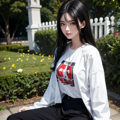 Girl, long black hair, crimson eyes, innocent features, white skin, T-shirt, jacket and pants style, garden