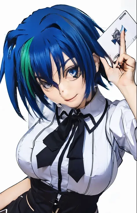 Xenovia quarta, pelo corto color azul, pecho medios, uniforme escolar, corbata roja, guantes blancos, manos extendida, beso. Espada, pose sexy, sonriendo, alta calidad, obra maestra, mejora de imagen, ligero rubor, fondo de rosas 