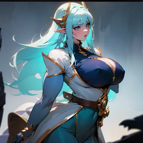 An elf with ridiculously large breasts, extremely humongously comically large breasts under very tight and blue revealing clothing that barely hides anything, muscular. Has very very very large breasts, so gigantic they burst through the clothes. They are ...