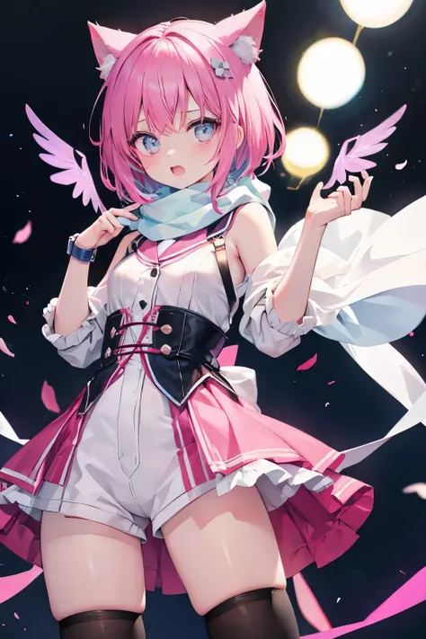 Very beautiful and shining eyes、shining eyes、1 girl、small breasts、big mouth、high school girl、small breasts、Cat ear、Transparent pink short hair、scarf、hot pants、Near future、neon、