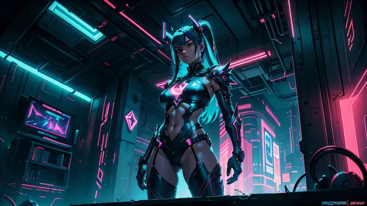 Studio quality cyberpunk woman in ornate bikini armor, standing in a neon city at night, with complex and intricate details. She embodies the essence of the evil goddess of beauty., radiating a sensual and attractive aura. Cheyron Crash logo glows in the b...