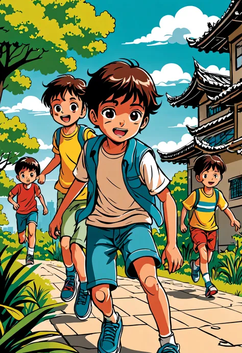 design graphic novels illustration, ai comic book in amine and manga style, children playing scene , vector illustration
