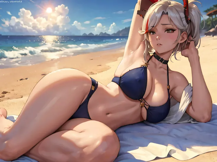 PrinzV4;
Character: Female, anime style, lying down on a beach, relaxed posture.
Clothing: Suggestive/intimate wear, potentially brassiere, delicate and revealing.
Background: Expansive blue sky, beach setting (sand, outdoor ambiance).
Color Palette: Vivid...