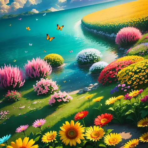 In a sea of colorful flowers，The flowers sway in the wind，sunshine，Warm as spring。Bees buzz，Butterflies flutter，Vibrant。Floral fragrance overflowing，Feel the beauty and vitality of nature。