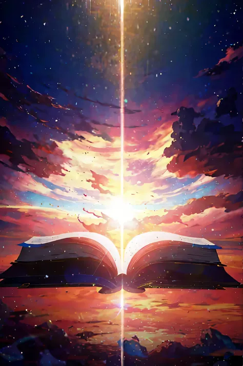 there is an open book on a table with a sun in the background, o anime em destaque de hoje ainda, bible illustration, Biblioteca Celestial Infinita, fundo de anime key visual, makoto shinkai cyril rolando, open the glowing magic book, um livro aberto, fund...