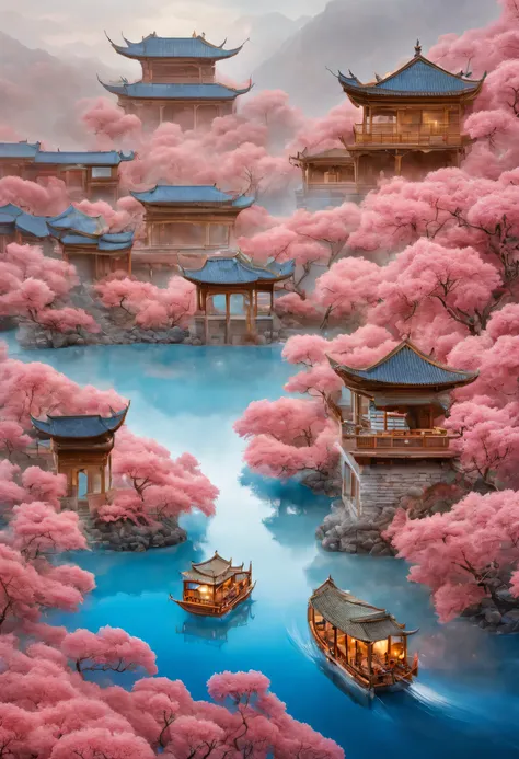 The wide drop-shaped river channel is surrounded by dense rose petals, blue lake, 国家地理photography风格, Exaggerated visual composition and color, 鸟瞰透视photography, 开创性的彩色photography, complex weave, photography, Vibrant and exaggerated scenery,