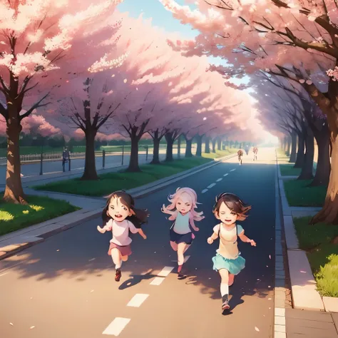 Children running along the cherry blossom trees in full bloom, adorable digital paintings, Art Station Art for Kids, cute digital art, A cute boy,pretty girl, digital cartoon painting art, Written by Ku Lei Lei, cute detailed digital art, Written by Li Son...