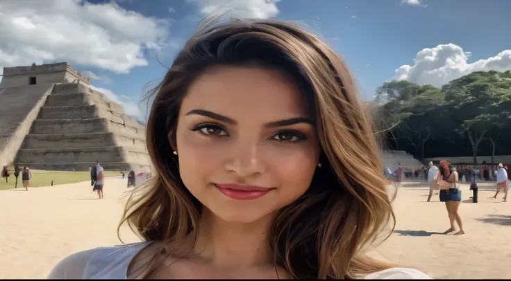 a close-up of a woman in a white shirt in front of a pyramid, linda mulher mexicana, profile picture with headshot, Olivia&#39;s fault, mulher de 30 anos, foto de perfil profissional, Mulher de 3 0 anos, Violeta Myers, beleza de cair o queixo, Retrato de S...