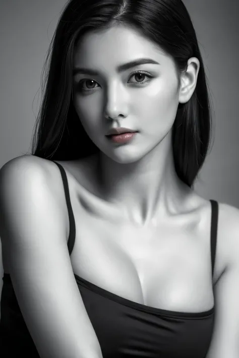 8k wallpaper, highest quality, masterpiece, realistic, Photoreal, super detailed, well-shaped small breasts, model style, RAW photo of 29 year old woman, (((monochrome photography))), 1 girl, ((facing the front)), upper body photo, ((pale vermilion lips)),...