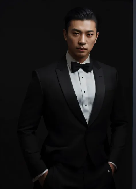 a asian men black suite ,black tie, white shirt ,light studio