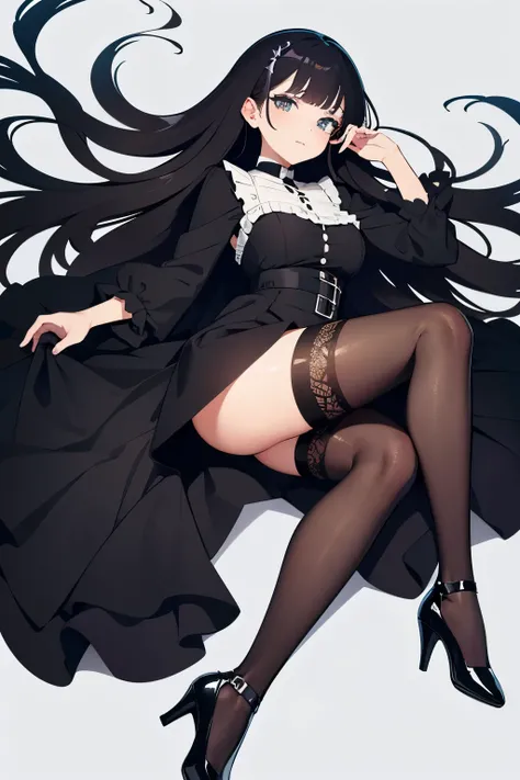 Create a picture wearing a long black dress， Wearing a pair of black round-toe high heels on her feet， Picture of gothic brunette girl wearing black suspenders on her legs