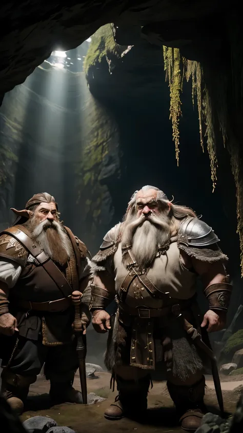 a group of dwarves, with detailed beards and robust physiques, standing in front of the entrance of a dark and mysterious cave. ...