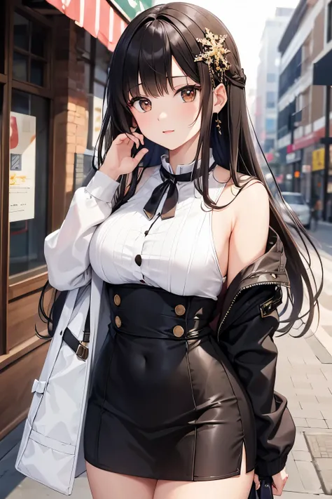 best quality, highres,1 woman,Slender、small face、brown eyes、(tall:1.3)、black hair BREAK、long hair、(Clothes:1.3)、big breasts、hair ornaments、25 years old、Mature、winter
