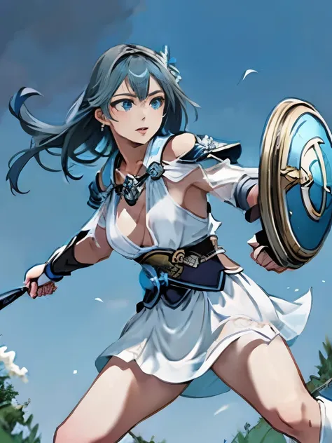 highest quality、Japanese、long light blue hair、not muscular、black and sharp、white see-through dress、slim body shape、small breasts、Equipped with sword and shield、attack the enemy、dynamic movement、Meadow on a moonlit night、Different world