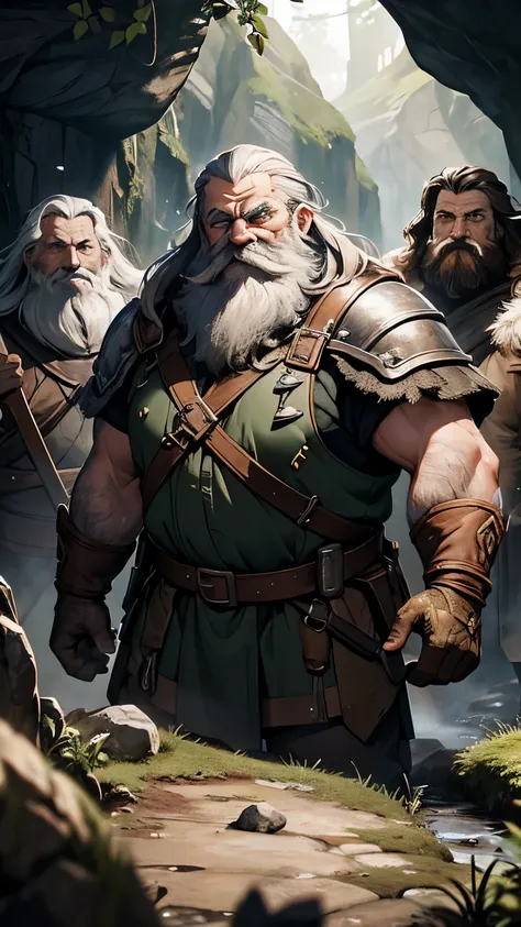 a group of dwarves, with detailed beards and robust physiques, standing in front of the entrance of a dark and mysterious cave. ...