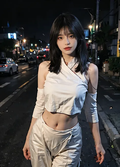 best quality， ultra high resolution， extra large breasts，（realistically：1.4），2 girls ，belly tattoo，focus:1.2, Beautiful woman with perfect body:1.4 ,big breasts，(street at night:1.3), Highly detailed facial and skin textures, Looking directly at the viewer...