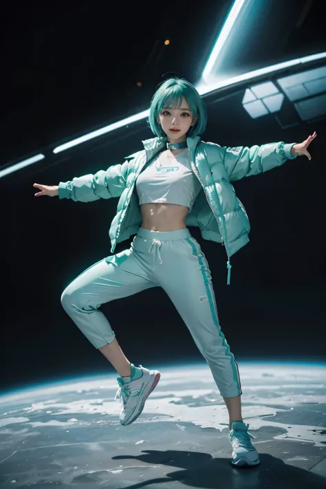 (1beautiful girl:1.1), (mint blue hair:1.1),(bob cut hair:1.1), (blunt bangs), (squinting), (joy:1.2), (smile:1.2), (vivit mint blue down jacket:1.4), (long collar:1.1),18 year old,  (white t-shirts), (white sportswear trouserint blue sneaker, futuristic c...