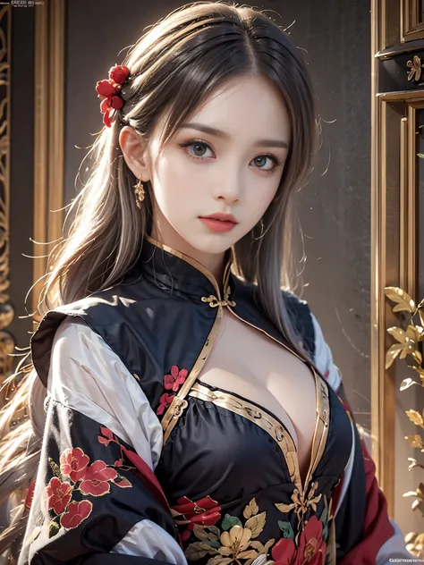 photorealistic, High resolution, soft light, 1 female, alone, hip up, red eyes, gray hair, long hair, fine eyes, red eyes, alone, traditional chinese costume, red wedding hanfu, realistic, compensate