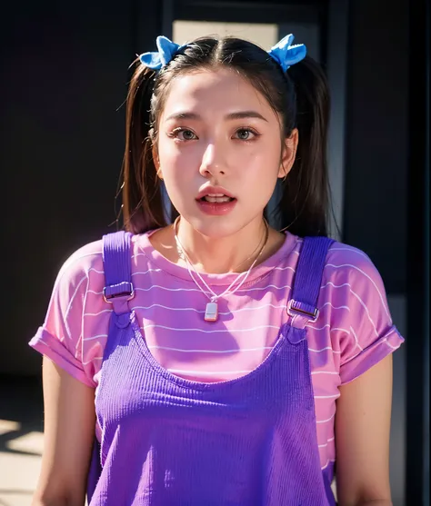 girl with a surprised look on her face, shocked expression on her face, shocked look, girl with cat ears, shocked expression, surprised expression on her face, wearing purple undershirt, pigtails hairstyle, pigtails, girl with plaits, shocked expression on...