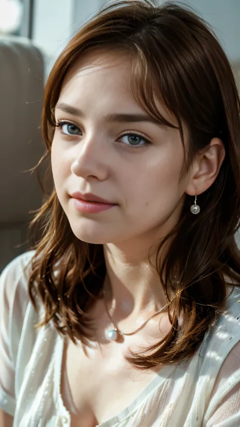 ロシアの美しい 18 歳の少女の顔の超genuineな写真,genuine、8k、 She has long wavy brown hair, blue eyes and freckles. she is smiling and looking at the camera.、she wears a pearl earring in her left ear、I wear a silver necklace around my neck..。. she has clear rosy skin, Her eye...