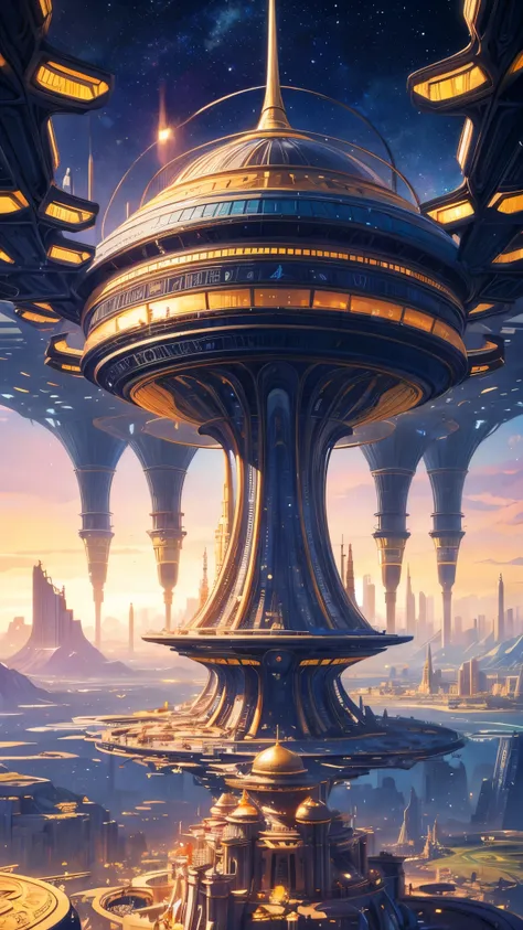 a close up of a painting of a futuristic city with a lot of buildings, an ultrafine detailed painting by Jon Coffelt, cg society contest winner, maximalism, interplanetary cathedral, intricate futurism, ornate gilded cosmic machine, big and structured valh...