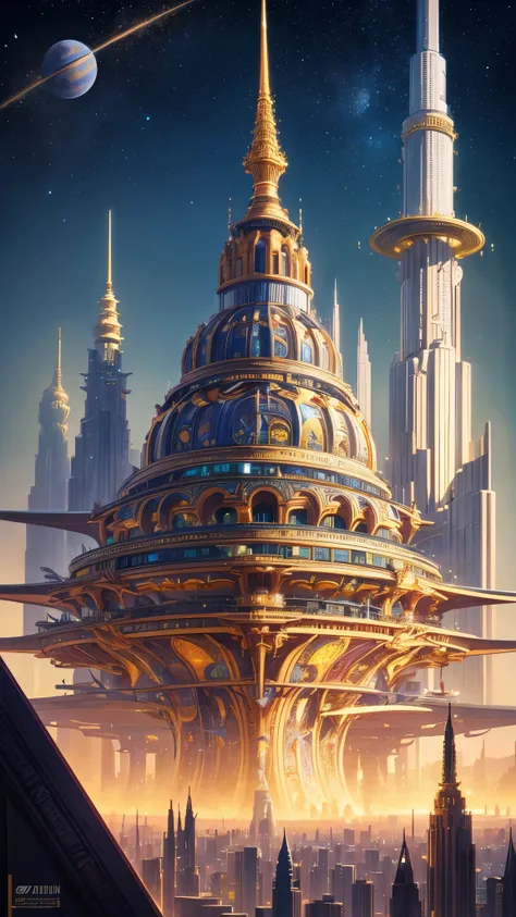 a close up of a painting of a futuristic city with a lot of buildings, an ultrafine detailed painting by Jon Coffelt, cg society contest winner, maximalism, interplanetary cathedral, intricate futurism, ornate gilded cosmic machine, big and structured valh...