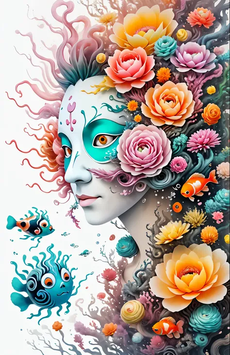 underwater，3d mask with various ordinary objects on it,spiky blonde hair,texture, complex, dreams bloom like flowers，many flower...