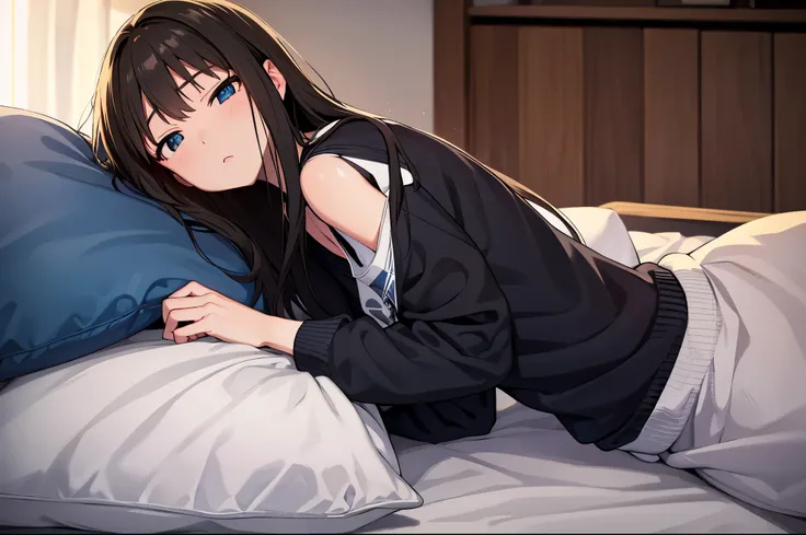 RIN SHIBUYA、lie down on the bed and sleep、sleeping face, Get a good nights sleep、black long hair、casual clothes、blue jersey、long pants、highest quality, hire, detailed face, home bedroom、 detailed background, Depth of written boundary, Bokeh