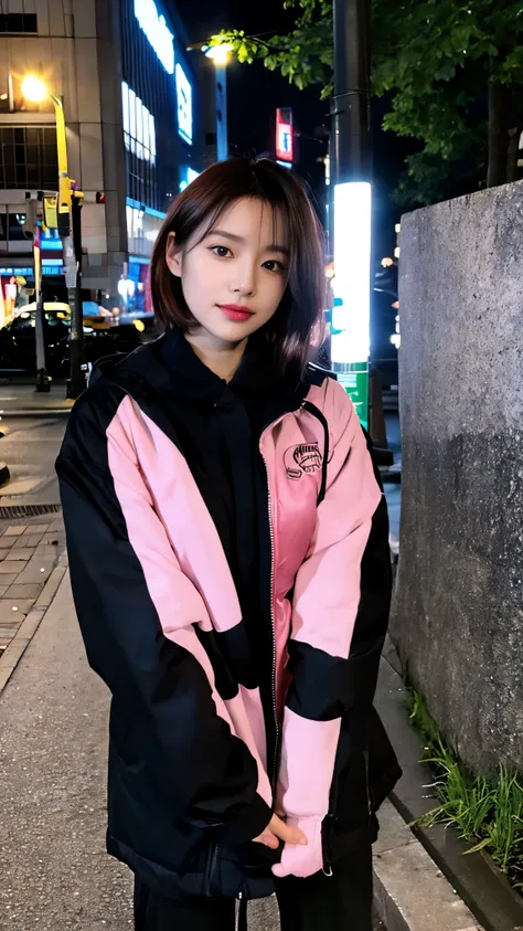 (((Wearing a black long down jacket ))), wearing a leotard,// bewitching eyes, balanced eyes, //Street Snap // ((facing the viewer)), //On the streets of Tokyo, //japanese lady, pale skin, //droopy eyes,//Short pink hair, //((standing)), high quality:1.3, ...