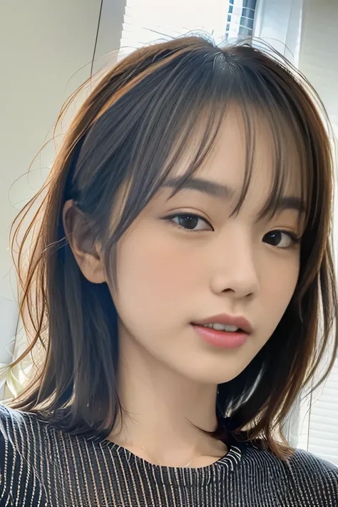 High resolution, RAW photo, realistic, very delicate and beautiful, very detailed, finely, very detailed CG Unity 8K 壁紙, super detailed, (highest quality, 8k, 32K, masterpiece, Hmm:1.2), Photo of a 17 year old Japanese model, black shirt, striped, beautifu...