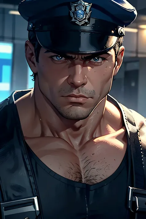 Generate close up image of a male police officer with a body builders body in a sleeveless uniform with an intense look on his face his mouth open , where: outside a police station in the daytime