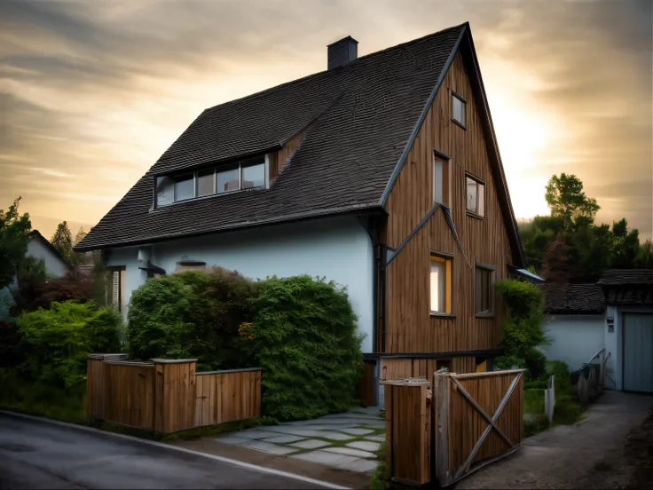 raw photo of year 1955 german medieval mitteldeuschland (8m x 10m) small einfamilienhaus. we see the south side, the backyard an...