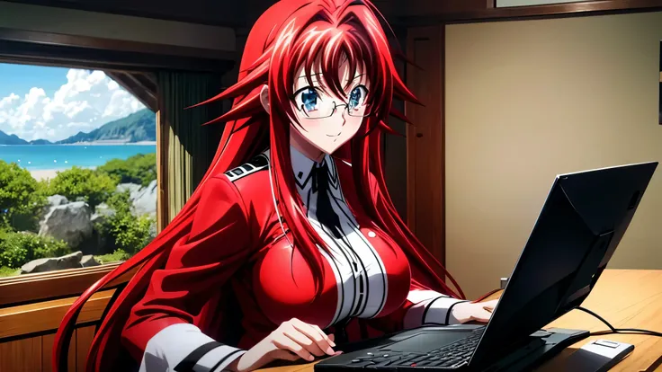 Rias gremory, Ahoge, Big breasts, Red jacket, Using the computer, Round glasses