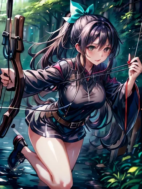 highest quality、long black hair woman、ponytail、green link clothes、beautiful legs、have a big bow、archery、run、dynamic movement、for...