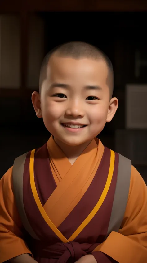 Cute shaved head and orange robed Alafid kid smiling at the camera, 3 years old，chubby toot，monk clothes, portrait of monk, Buddhist monk, Yang Juncheng, 2 1 st century monk, monk, small letters. unreal engine 5, avatar Ahhh, Wojtek Füss, Buddhist, Ahhh, P...