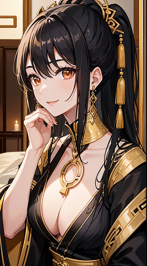 A Chinese woman, black hair, golden eyes, silky black and golden mini dress, earrings and necklace, big chest, wealthy, at luxurious house, cold smile, one hand on face, Chinese dress