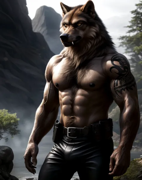 anthro, brown wolf, solo, male, adult, veiny muscles, buffed body, toned muscle, dark black pants, terrorist, bad guy, criminal, pirate, serious look, fierce look, small eye, furred body, furry chest hair, detailed background, wilderness background, clear ...