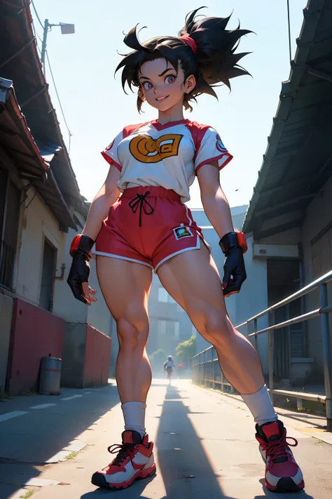 (Masterpiece, Photorealistic, Girl Videl from Dragon Ball GT, Detailed, Full body view, Short curly hair, White micro camiseta, Short obscure gloves, Obscure micro shorts, Sports shoes, Light smile)

A masterpiece photograph of Girl Videl from Dragon Ball ...