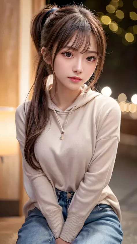 blush,14 years old,small breasts,winter,european cityscape,night,long hair ponytail,outdoors,warm winter clothes,wearing a hoodie with a hood,wearing jeans,close up of face,((8K, Raw photo, best quality, muste piece:1.2), (Reality, photorealistic:1.4), (Hi...