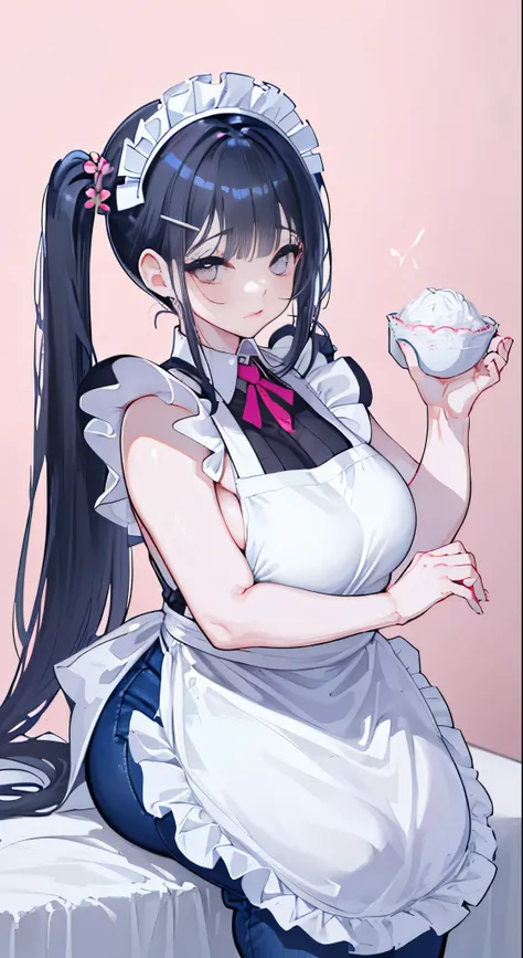 "(perfect masterpiece:1.2), (highest quality:1.2), stunning face,  compensate, long and luxurious eyelashes, lip whole, irresistible charisma.",(((mature woman))),(((twin tails)))，raised his arms,NSFW,(((Chubby)))，((((apron)))，hair clip，wallpaper，black hai...